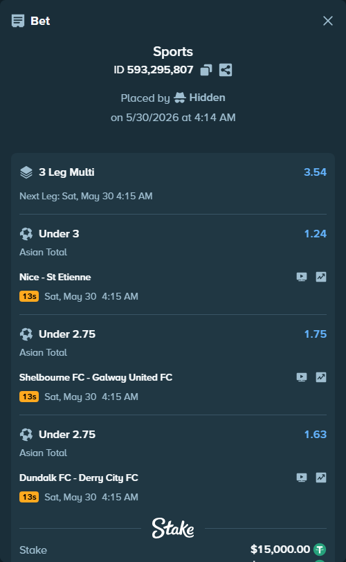 Bet slip: Nice - St Etienne, $15,015.00 stake at 1.24 odds, placed by Hidden