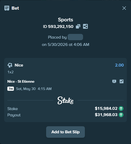 Bet slip: Nice - St Etienne, $16,000.00 stake at 2.00 odds, placed by Thanoscape