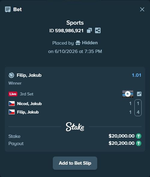 Bet slip: Nicod, Jakub - Filip, Jakub, $20,020.00 stake at 1.01 odds, placed by Hidden
