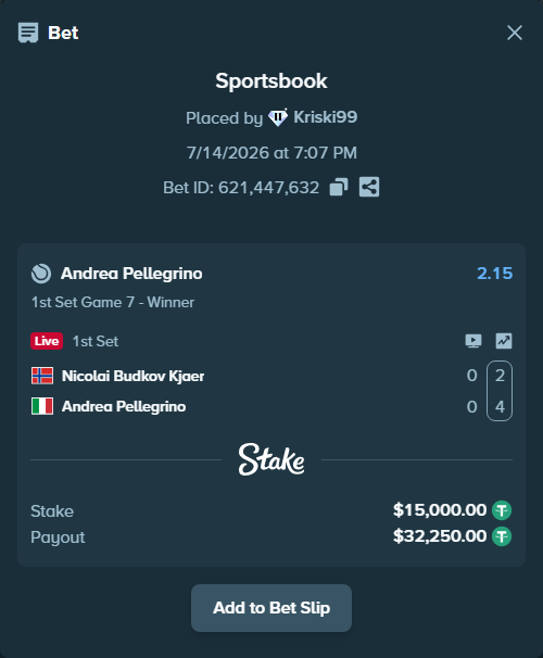 Bet slip: Nicolai Budkov Kjaer - Andrea Pellegrino, $15,015.00 stake at 2.15 odds, placed by Kriski99