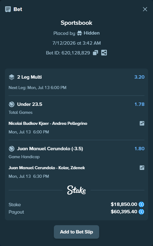 Bet slip: Nicolai Budkov Kjaer - Andrea Pellegrino, $18,850.00 stake at 1.78 odds, placed by Hidden