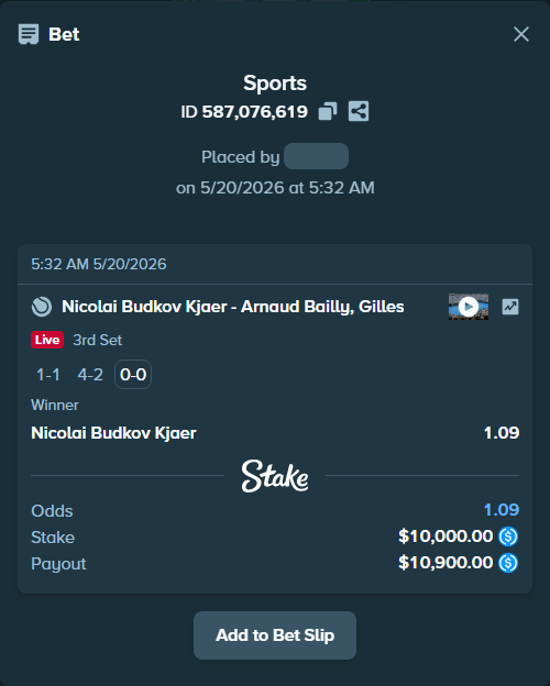 Bet slip: Nicolai Budkov Kjaer - Bailly, Gilles Arnaud, $10,000.00 stake at 1.09 odds, placed by Ursaslyya