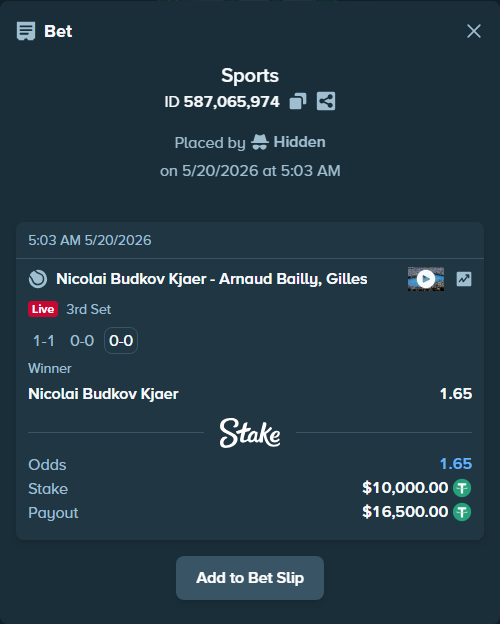 Bet slip: Nicolai Budkov Kjaer - Bailly, Gilles Arnaud, $10,010.00 stake at 1.65 odds, placed by Hidden