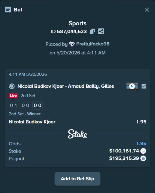 Bet slip: Nicolai Budkov Kjaer - Bailly, Gilles Arnaud, $86,860.58 stake at 1.95 odds, placed by Prettylfacko98