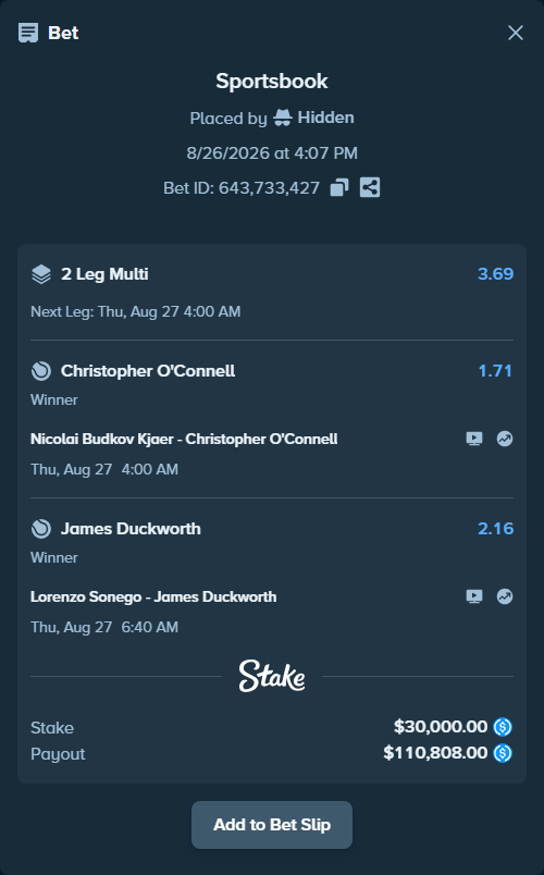 Bet slip: Nicolai Budkov Kjaer - Christopher O'Connell, $30,000.00 stake at 1.71 odds, placed by Hidden