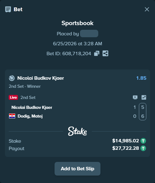 Bet slip: Nicolai Budkov Kjaer - Dodig, Matej, $15,000.00 stake at 1.85 odds, placed by Tamarhadsa