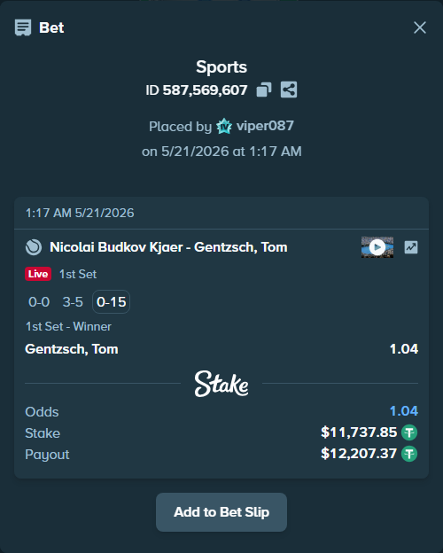 Bet slip: Nicolai Budkov Kjaer - Gentzsch, Tom, $11,749.59 stake at 1.04 odds, placed by viper087