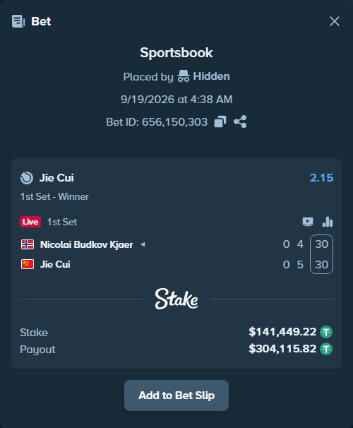 Bet slip: Nicolai Budkov Kjaer - Jie Cui, $141,449.22 stake at 2.15 odds, placed by Hidden