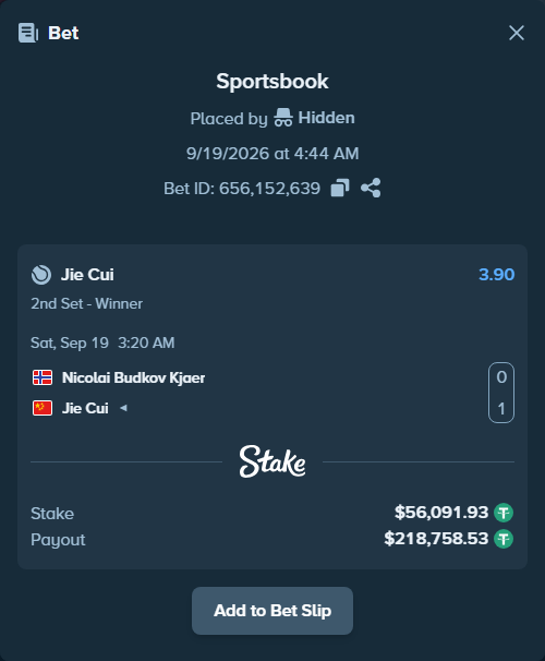 Bet slip: Nicolai Budkov Kjaer - Jie Cui, $56,091.93 stake at 3.90 odds, placed by Hidden