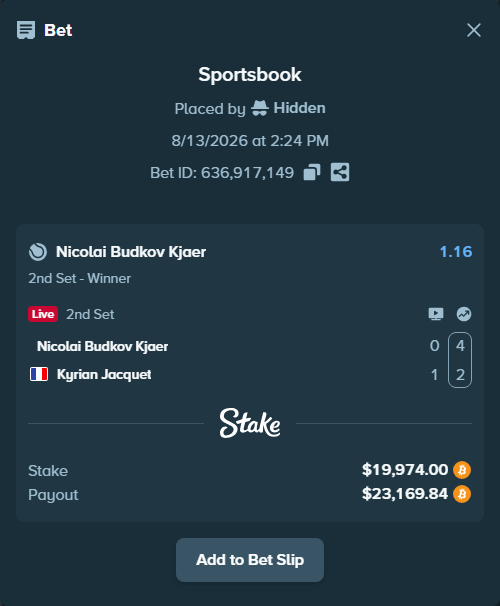 Bet slip: Nicolai Budkov Kjaer - Kyrian Jacquet, $20,055.76 stake at 1.16 odds, placed by Hidden