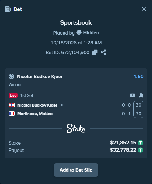 Bet slip: Nicolai Budkov Kjaer - Martineau, Matteo, $21,874.00 stake at 1.50 odds, placed by Hidden