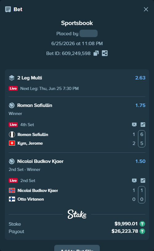 Bet slip: Nicolai Budkov Kjaer - Otto Virtanen, $10,000.00 stake at 1.50 odds, placed by WinTr10