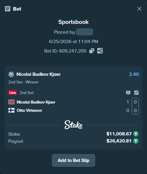 Bet slip: Nicolai Budkov Kjaer - Otto Virtanen, $11,019.68 stake at 2.40 odds, placed by SBoSS97