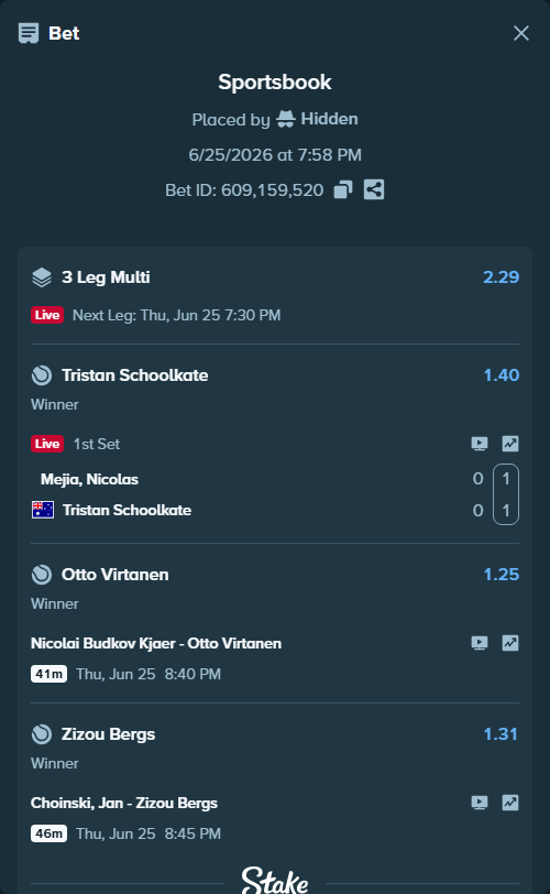 Bet slip: Nicolai Budkov Kjaer - Otto Virtanen, $168,517.44 stake at 1.25 odds, placed by Hidden