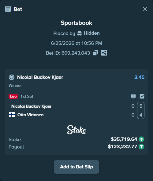 Bet slip: Nicolai Budkov Kjaer - Otto Virtanen, $35,755.36 stake at 3.45 odds, placed by Hidden