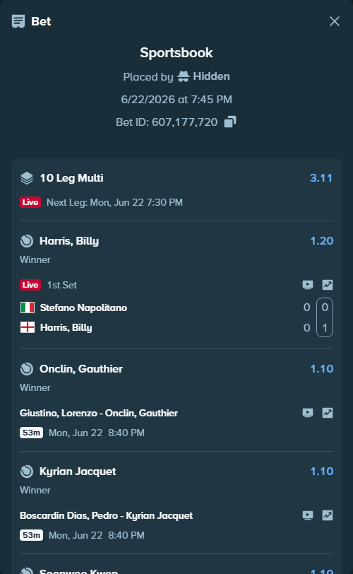 Bet slip: Nicolai Budkov Kjaer - Reis Da Silva, Joao Lucas, $125,125.00 stake at 1.13 odds, placed by Hidden