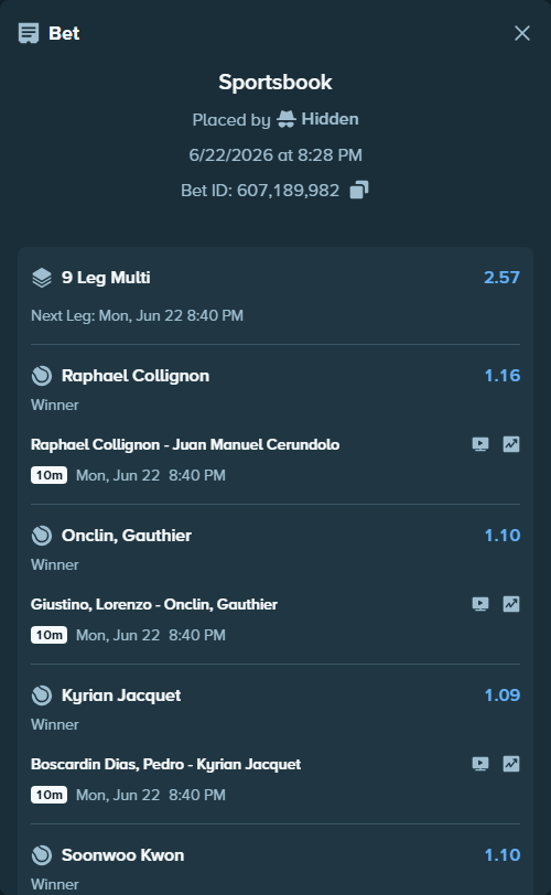 Bet slip: Nicolai Budkov Kjaer - Reis Da Silva, Joao Lucas, $75,000.00 stake at 1.13 odds, placed by Hidden