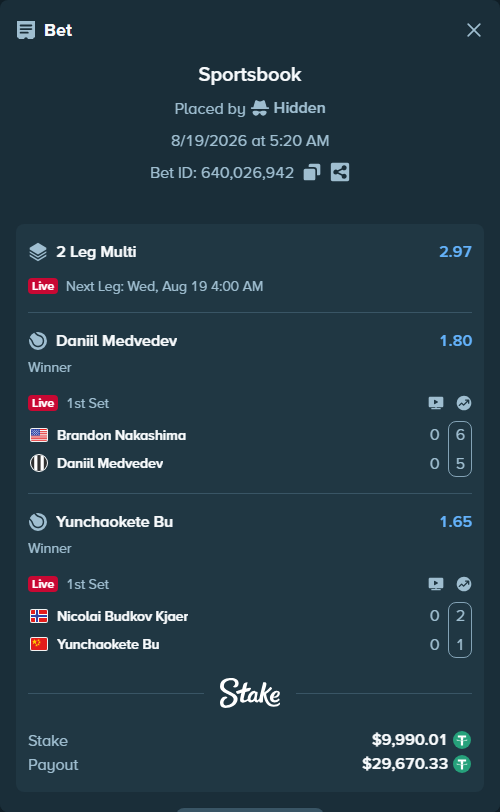 Bet slip: Nicolai Budkov Kjaer - Yunchaokete Bu, $10,000.00 stake at 1.65 odds, placed by Hidden