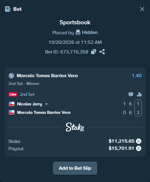 Bet slip: Nicolas Jarry - Marcelo Tomas Barrios Vera, $11,236.72 stake at 1.40 odds, placed by Hidden