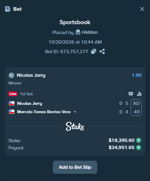 Bet slip: Nicolas Jarry - Marcelo Tomas Barrios Vera, $18,414.00 stake at 1.90 odds, placed by Hidden