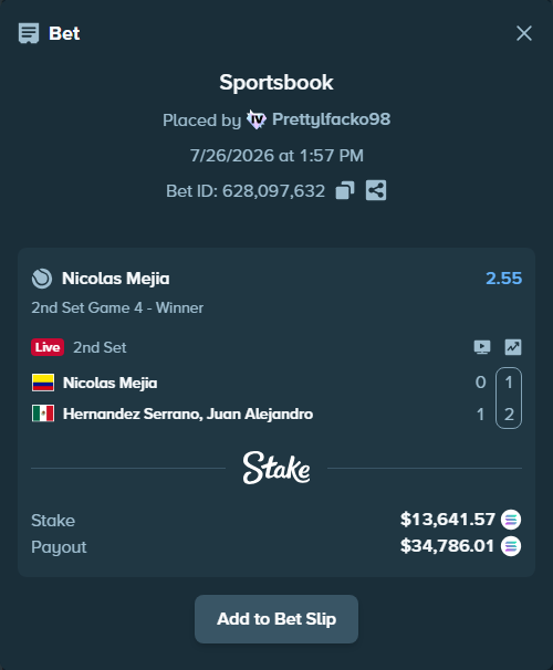 Bet slip: Nicolas Mejia - Hernandez, Alex, $13,234.30 stake at 2.55 odds, placed by Prettylfacko98