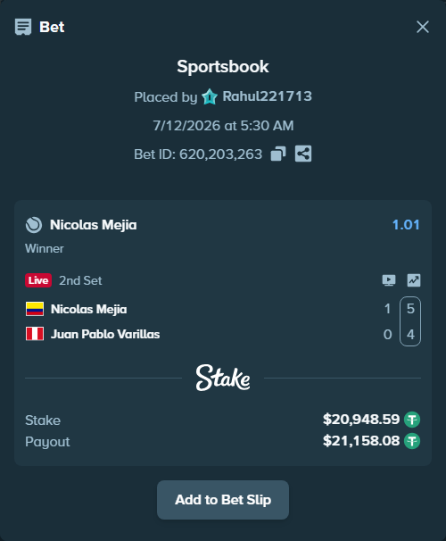 Bet slip: Nicolas Mejia - Juan Pablo Varillas, $20,969.54 stake at 1.01 odds, placed by Rahul221713