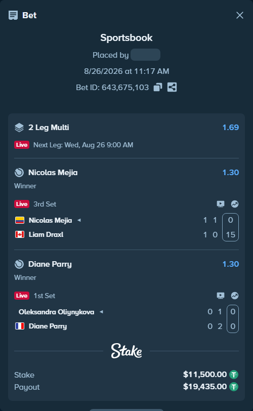 Bet slip: Nicolas Mejia - Liam Draxl, $11,500.00 stake at 1.30 odds, placed by Davidbushel1