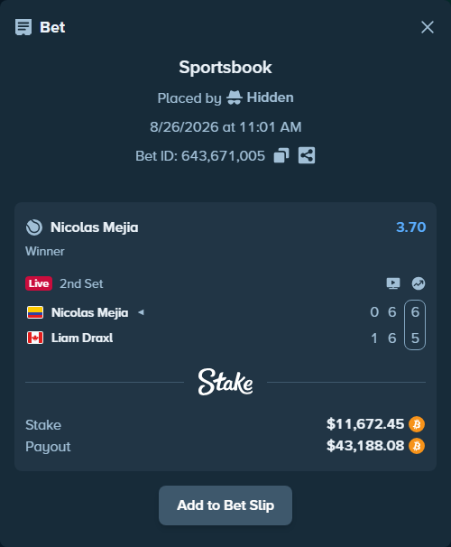 Bet slip: Nicolas Mejia - Liam Draxl, $11,731.67 stake at 3.70 odds, placed by Hidden
