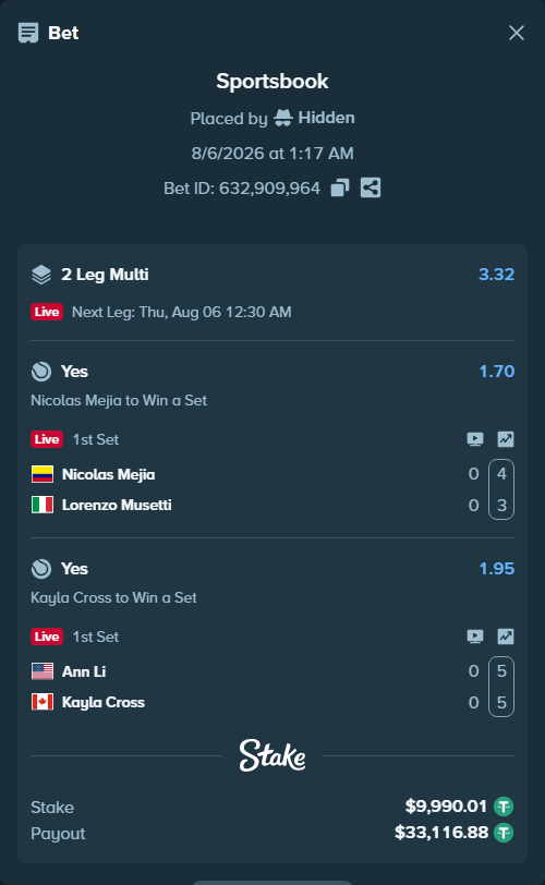 Bet slip: Nicolas Mejia - Lorenzo Musetti, $10,000.00 stake at 1.70 odds, placed by Hidden