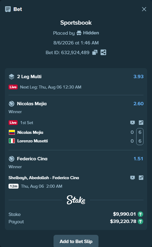 Bet slip: Nicolas Mejia - Lorenzo Musetti, $10,000.00 stake at 2.60 odds, placed by Hidden