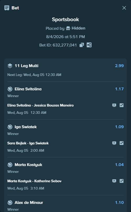 Bet slip: Nicolas Mejia - Lorenzo Musetti, $118,982.27 stake at 1.12 odds, placed by Hidden