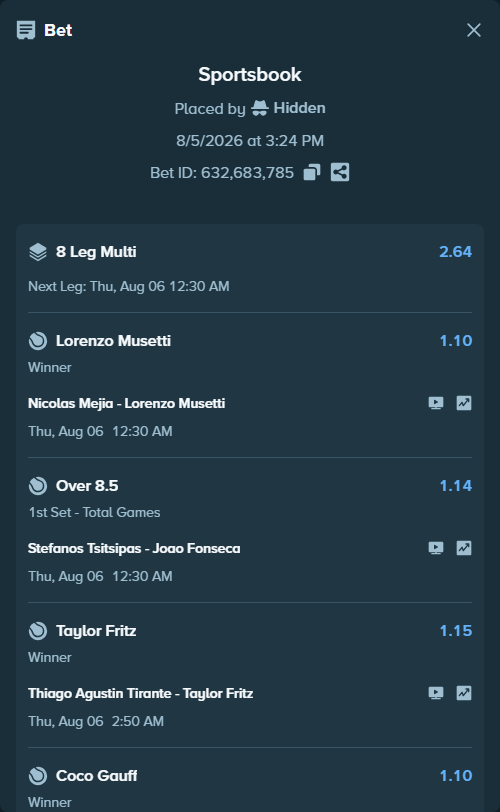 Bet slip: Nicolas Mejia - Lorenzo Musetti, $125,125.00 stake at 1.10 odds, placed by Hidden