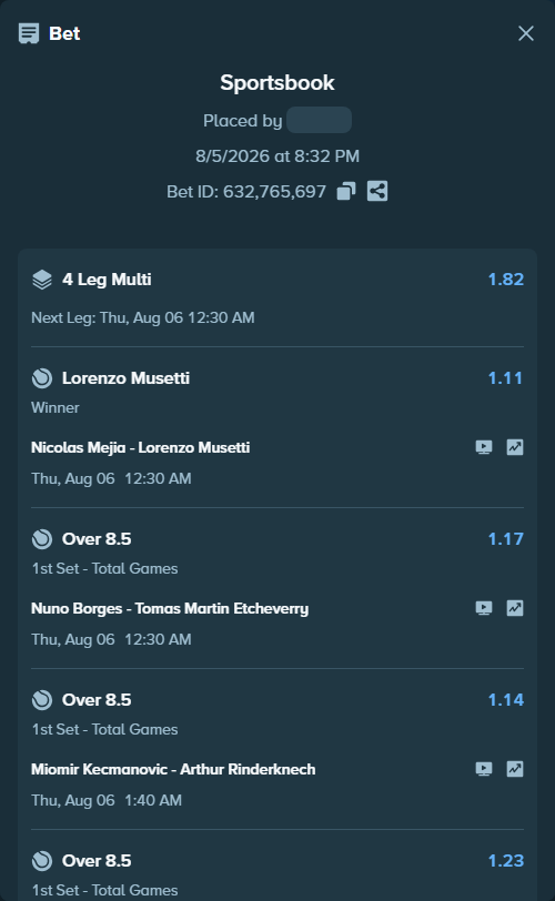 Bet slip: Nicolas Mejia - Lorenzo Musetti, $15,000.00 stake at 1.11 odds, placed by nPain