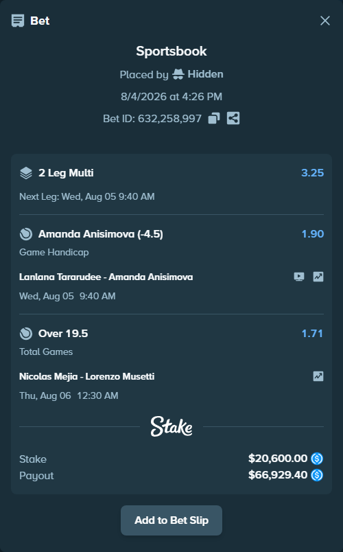 Bet slip: Nicolas Mejia - Lorenzo Musetti, $20,600.00 stake at 1.71 odds, placed by Hidden