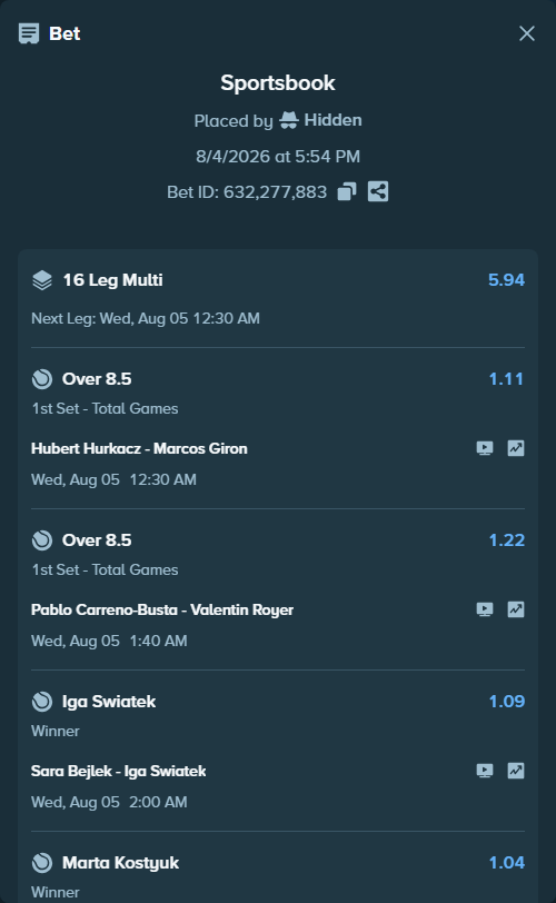 Bet slip: Nicolas Mejia - Lorenzo Musetti, $75,075.00 stake at 1.12 odds, placed by Hidden