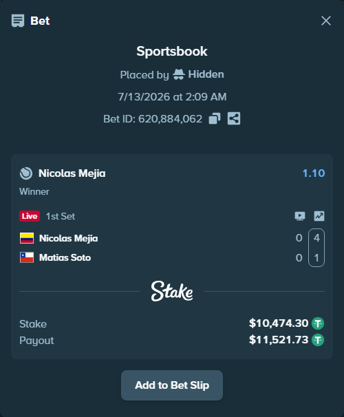 Bet slip: Nicolas Mejia - Matias Soto, $10,484.77 stake at 1.10 odds, placed by Hidden