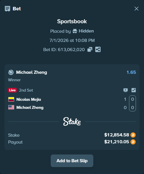 Bet slip: Nicolas Mejia - Michael Zheng, $13,832.30 stake at 1.65 odds, placed by Hidden