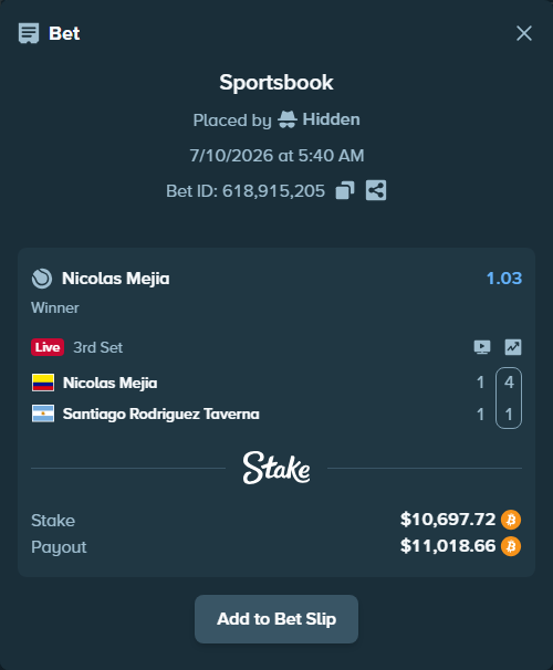 Bet slip: Nicolas Mejia - Santiago Rodriguez Taverna, $10,886.07 stake at 1.03 odds, placed by Hidden