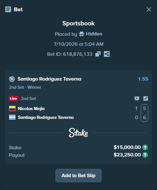 Bet slip: Nicolas Mejia - Santiago Rodriguez Taverna, $15,015.00 stake at 1.55 odds, placed by Hidden
