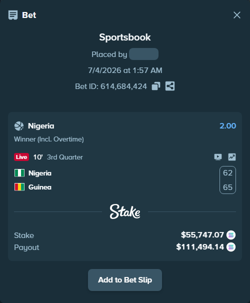 Bet slip: Nigeria - Guinea, $56,329.35 stake at 2.00 odds, placed by Prettylfacko98