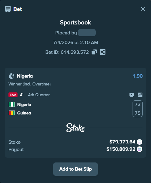 Bet slip: Nigeria - Guinea, $80,333.11 stake at 1.90 odds, placed by Prettylfacko98