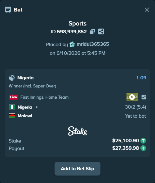 Bet slip: Nigeria - Malawi, $25,126.00 stake at 1.09 odds, placed by mridul365365