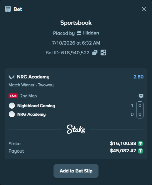 Bet slip: Nightblood Gaming - NRG Academy, $16,116.98 stake at 2.80 odds, placed by Hidden