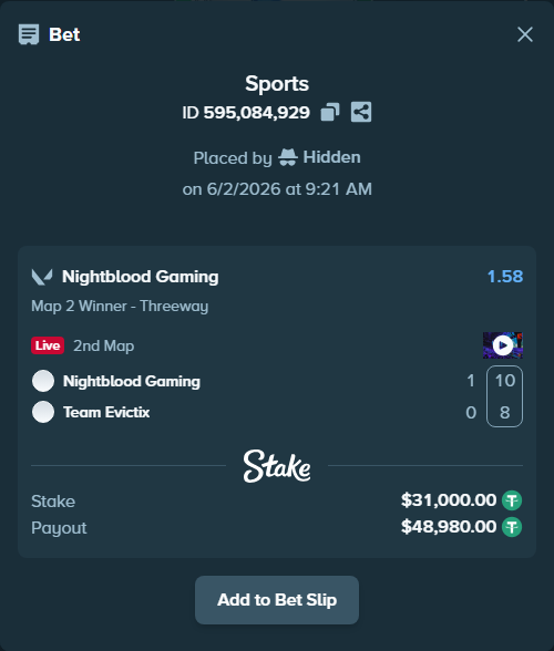 Bet slip: Nightblood Gaming - Team Evictix, $31,031.00 stake at 1.58 odds, placed by Hidden