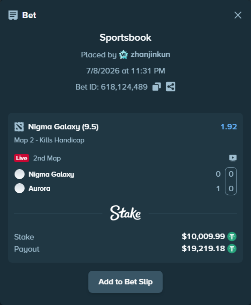 Bet slip: Nigma Galaxy - Aurora Gaming, $10,020.00 stake at 1.92 odds, placed by zhanjinkun