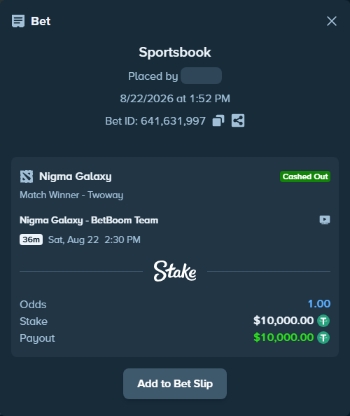 Bet slip: Nigma Galaxy - BetBoom Team, $10,000.00 stake at 2.30 odds, placed by Kovtun27