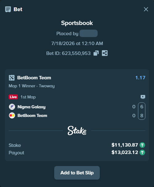 Bet slip: Nigma Galaxy - BetBoom Team, $11,142.00 stake at 1.17 odds, placed by Hanselwilliam1