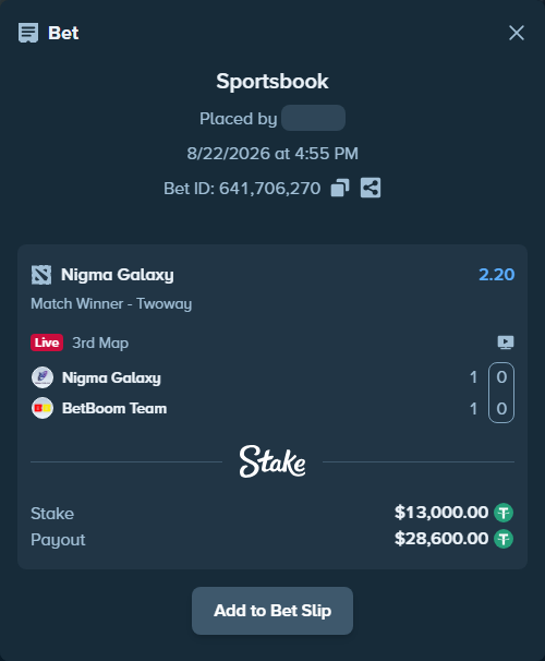 Bet slip: Nigma Galaxy - BetBoom Team, $13,000.00 stake at 2.20 odds, placed by fantasy7788