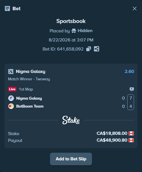 Bet slip: Nigma Galaxy - BetBoom Team, $13,917.92 stake at 2.60 odds, placed by Hidden