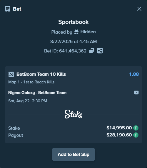 Bet slip: Nigma Galaxy - BetBoom Team, $14,995.00 stake at 1.88 odds, placed by Hidden